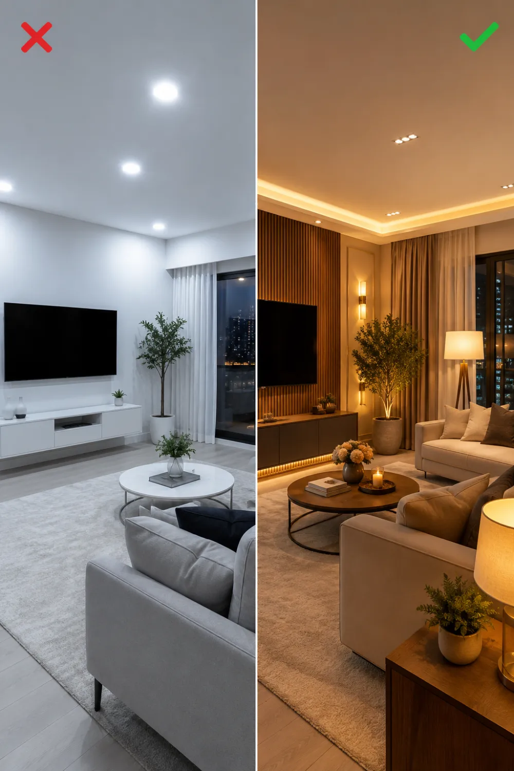 Cool white lighting versus warm layered lighting in modern luxury living room interior design