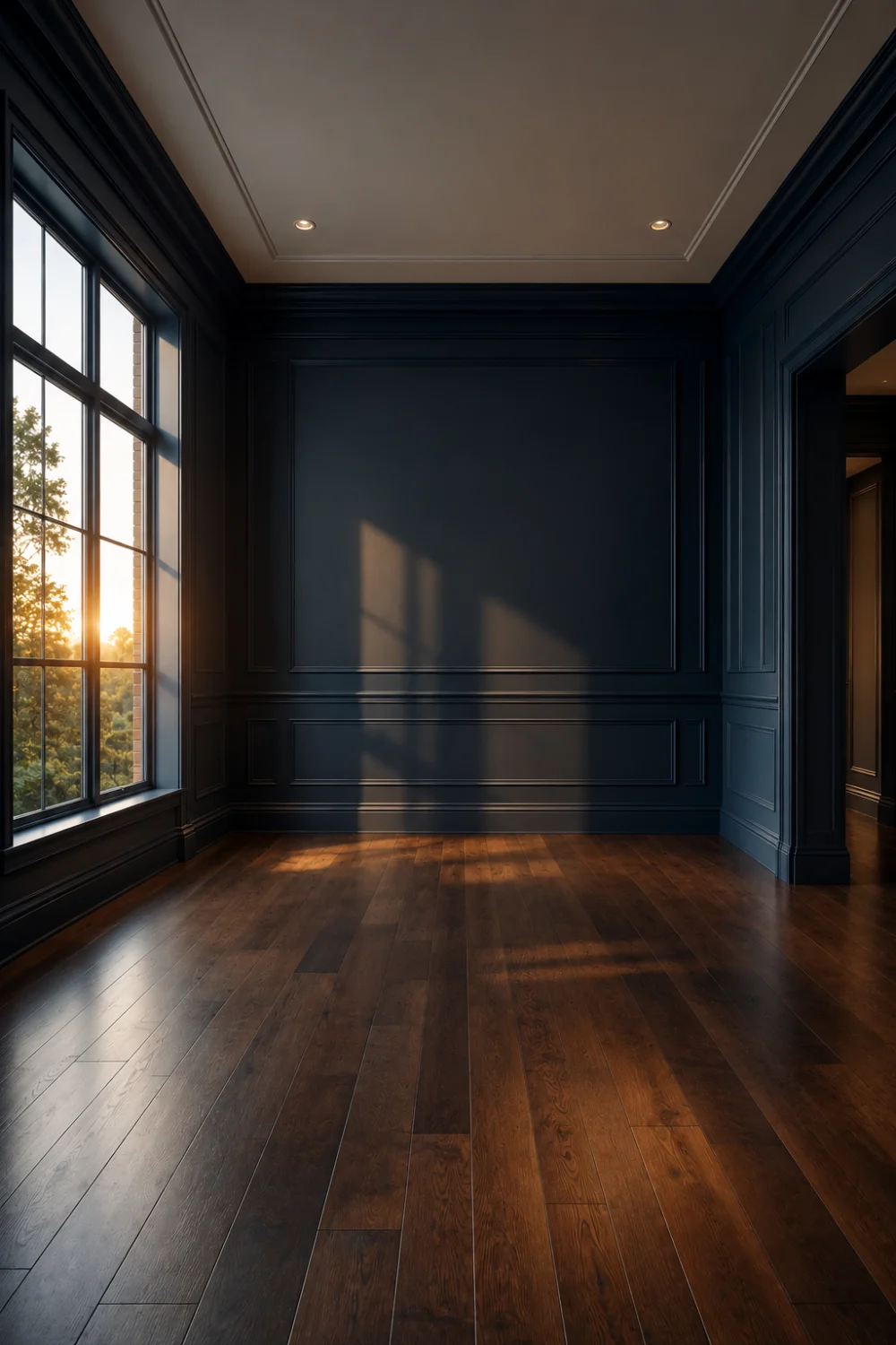 Elegant midnight navy accent room with dark blue walls, warm sunset lighting, wood flooring, and dramatic luxury interior design.