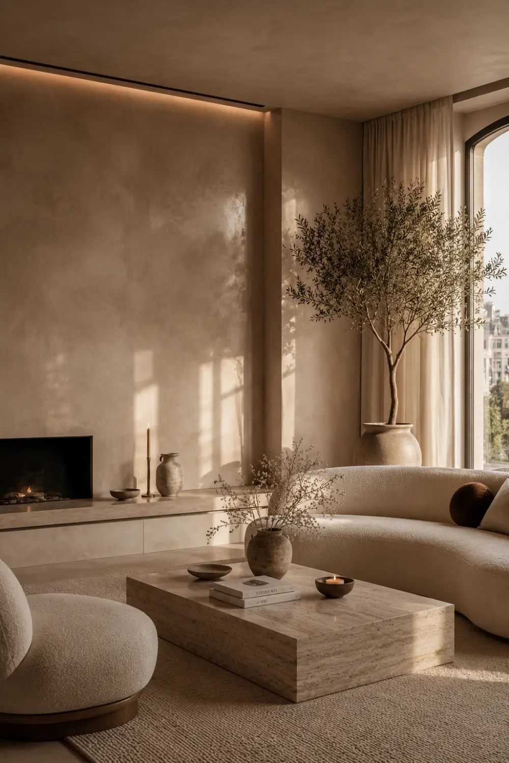 Minimalist modern living room with warm taupe microcement texture walls, curved cream sofa, stone coffee table, earthy decor accents, soft ambient lighting, and cozy organic interior styling with luxury architectural details.