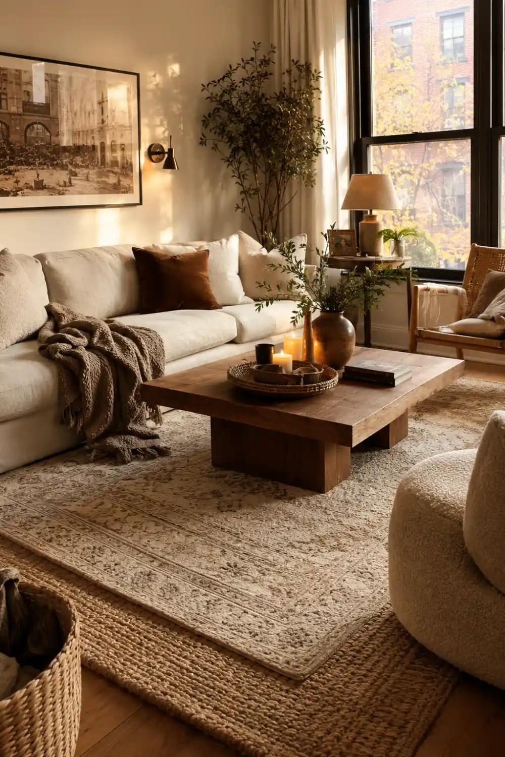 Modern rental apartment living room with layered rugs, cream sofa, warm wood coffee table, cozy neutral decor, candles, textured blankets, woven rug layers, and soft natural sunlight creating a stylish Pinterest-inspired apartment aesthetic perfect for cozy small living spaces.