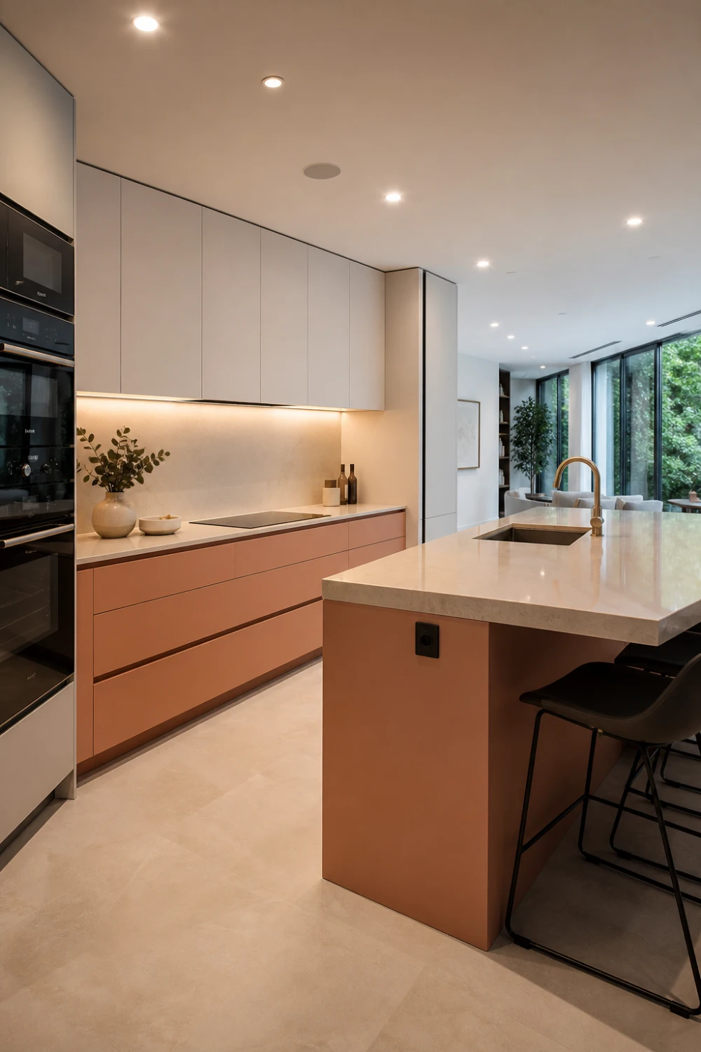 two tone peach kitchen with white upper cabinets, modern island, built in lighting, sleek handleless design, contemporary warm kitchen interior