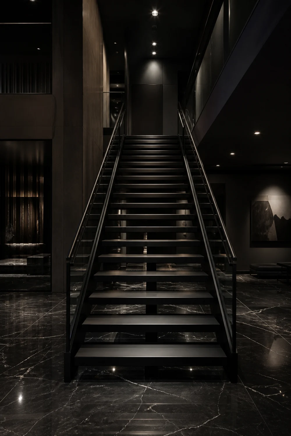 black minimalist open riser staircase with metal frame, dark luxury interior, glossy marble floor, modern home design