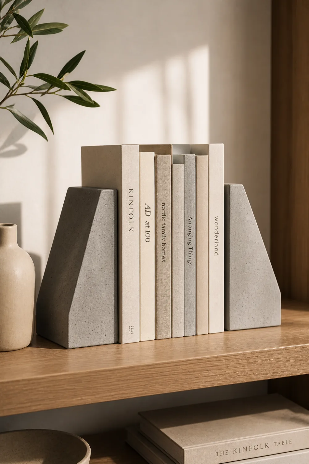 DIY concrete bookends holding neutral books on wooden shelf modern minimalist home decor styling clean aesthetic interior