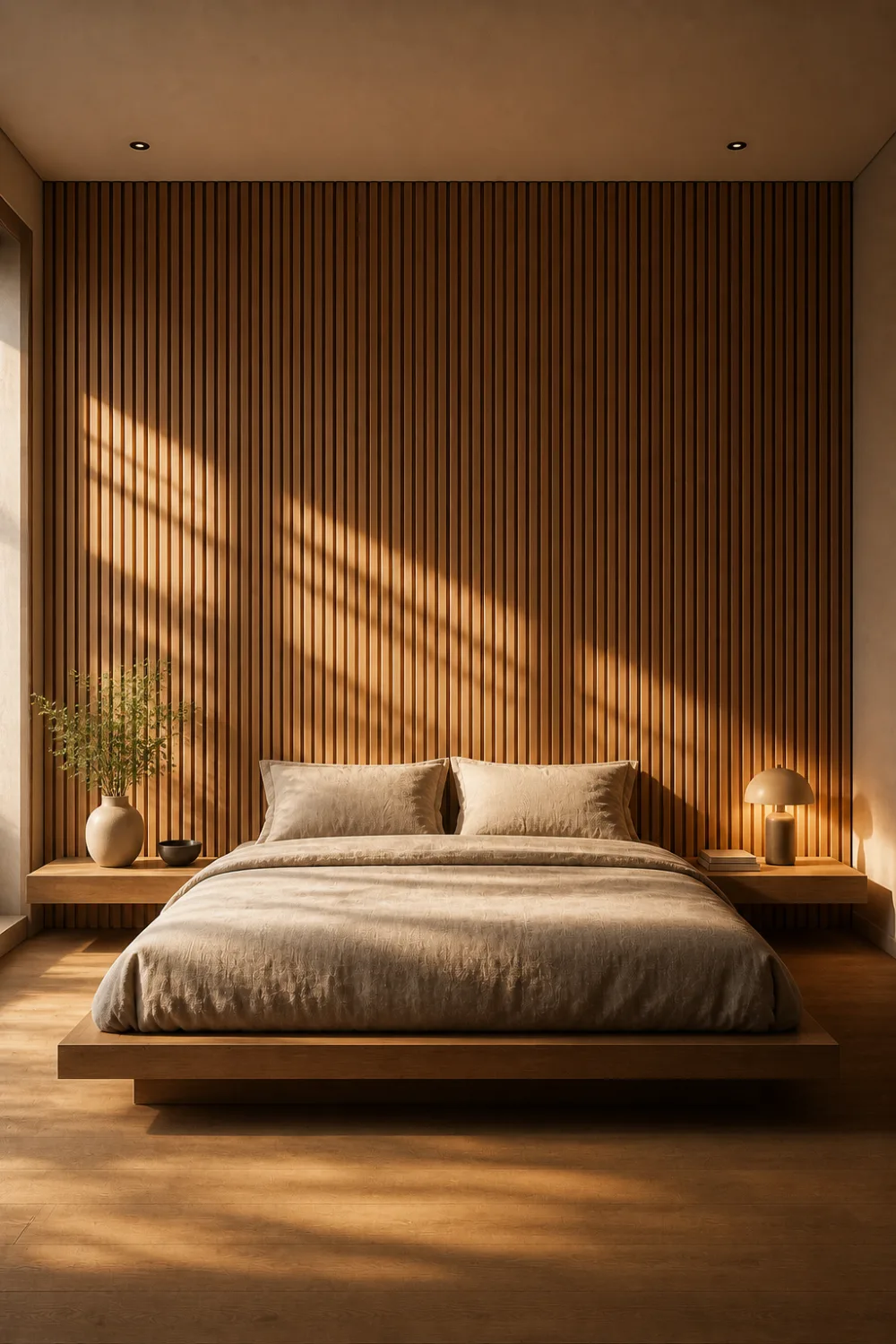 minimal wooden slat wall headboard bedroom natural sunlight shadows warm tones clean minimal bed setup modern cozy bedroom decor