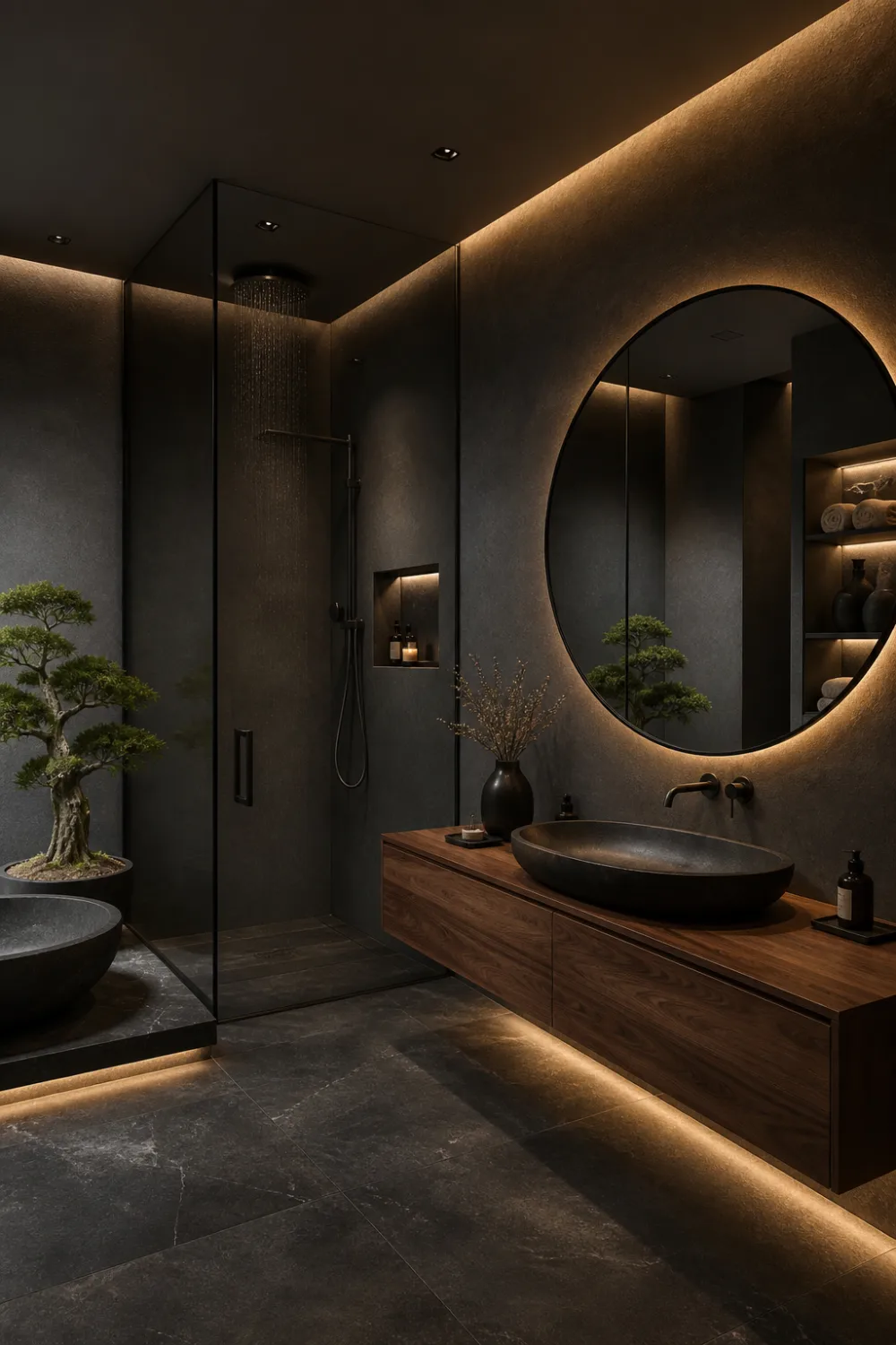 Dark luxury Japandi bathroom with black stone accents, walnut floating vanity, oversized round mirror, hidden LED lighting, charcoal textured walls, frameless glass shower, and moody modern spa-inspired interior design.
