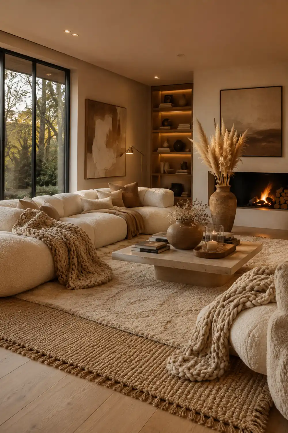 Cozy modern living room with layered neutral rugs, cream sectional sofa, chunky knit blankets, warm fireplace, earthy decor accents, and soft ambient lighting creating a luxury comfortable atmosphere.