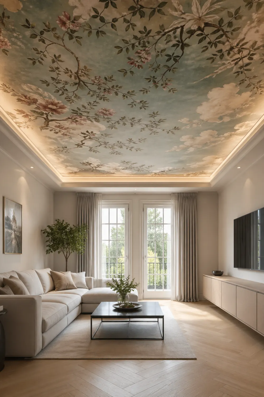 statement ceiling design living room painted ceiling floral artwork modern interior neutral sofa aesthetic luxury home decor