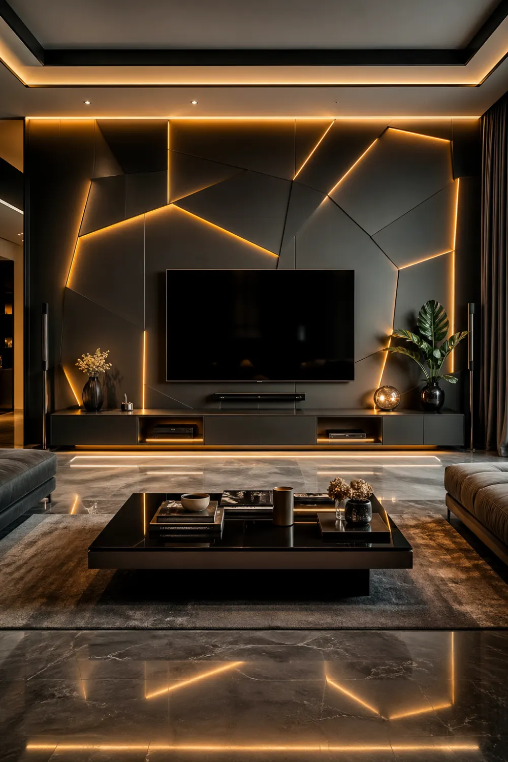 angular geometric 3D TV wall with dark matte panels and glowing LED lines, modern luxury living room with sleek furniture and dramatic lighting design