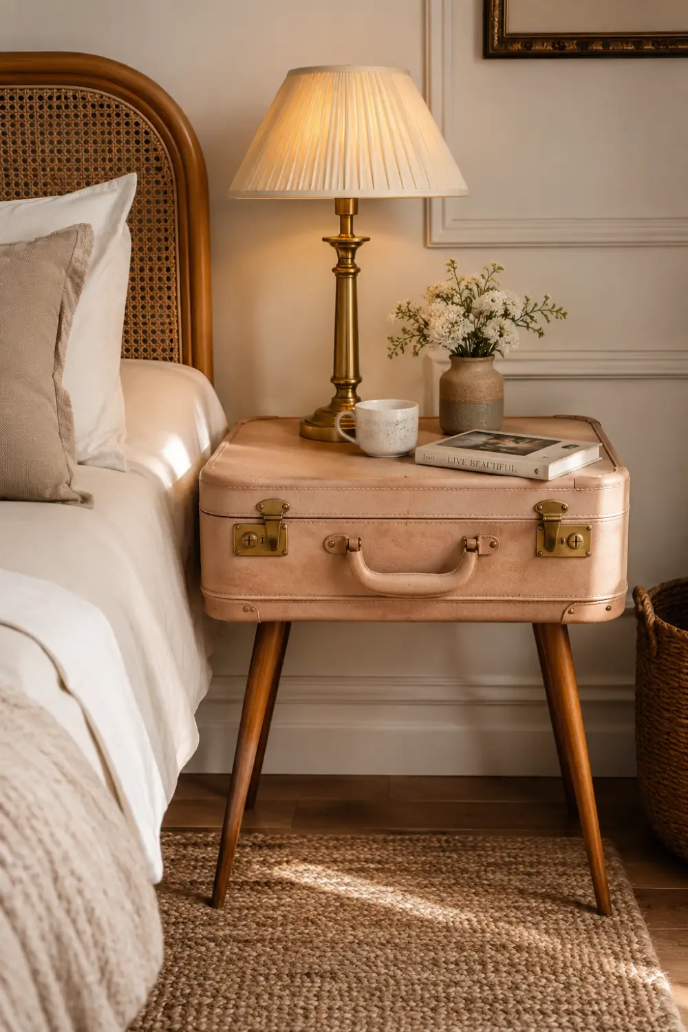 Vintage blush leather suitcase turned into a stylish bedside table with wooden legs, brass hardware, table lamp, coffee mug, books, woven rug, and cozy boutique hotel bedroom styling.