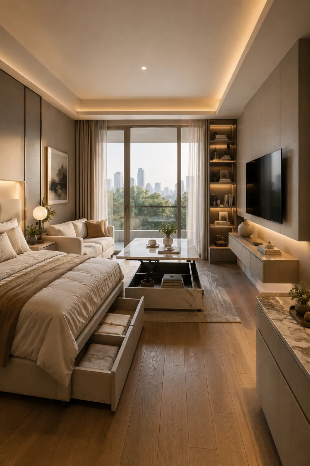 Modern studio apartment with hidden storage bed drawers, lift-top coffee table, floating cabinets, warm lighting, and smart luxury small apartment organization ideas.