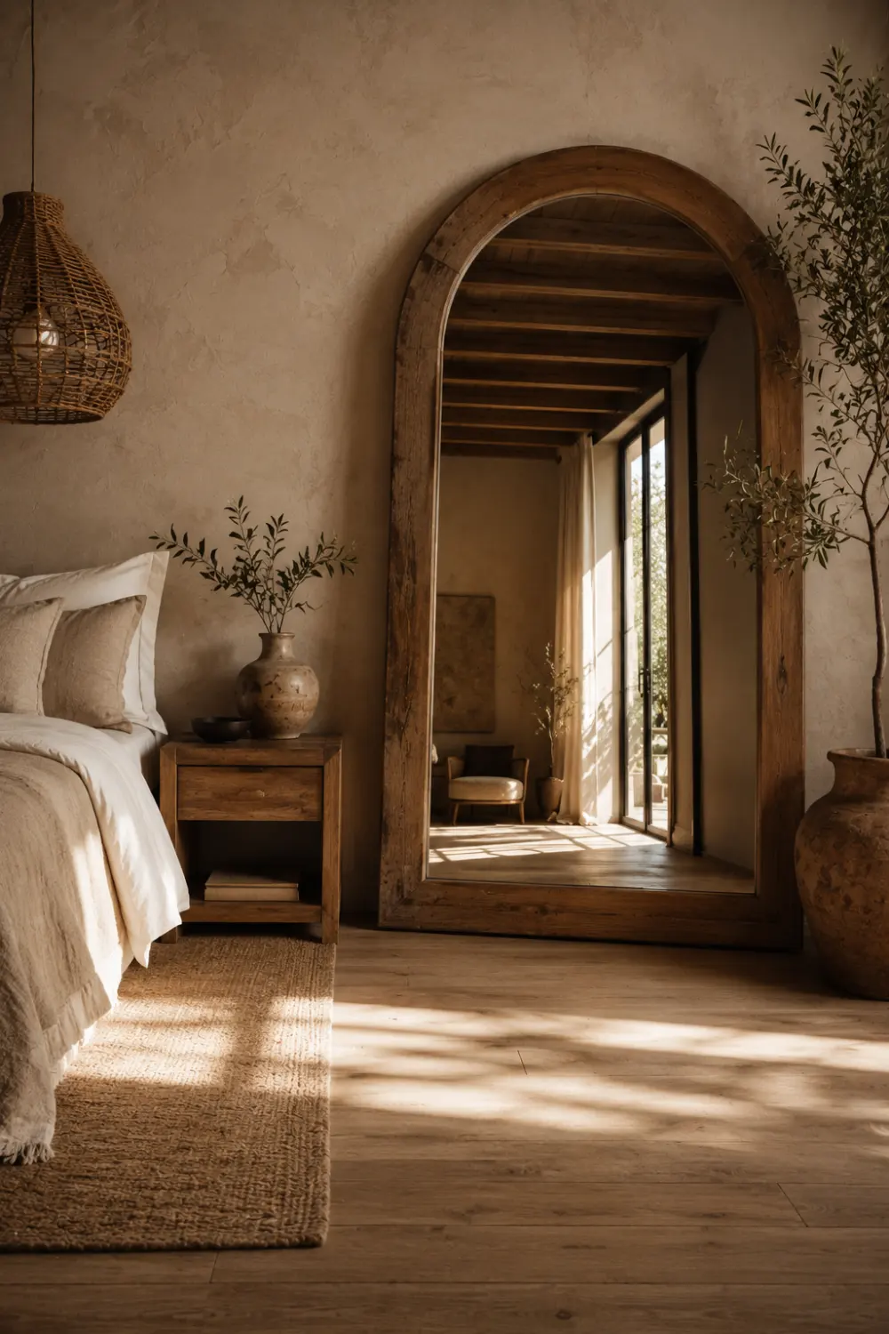 Rustic wood arch mirror in a cozy earthy bedroom with textured plaster walls, woven pendant light, warm wood furniture, soft beige bedding, natural sunlight, and organic modern rustic interior styling.