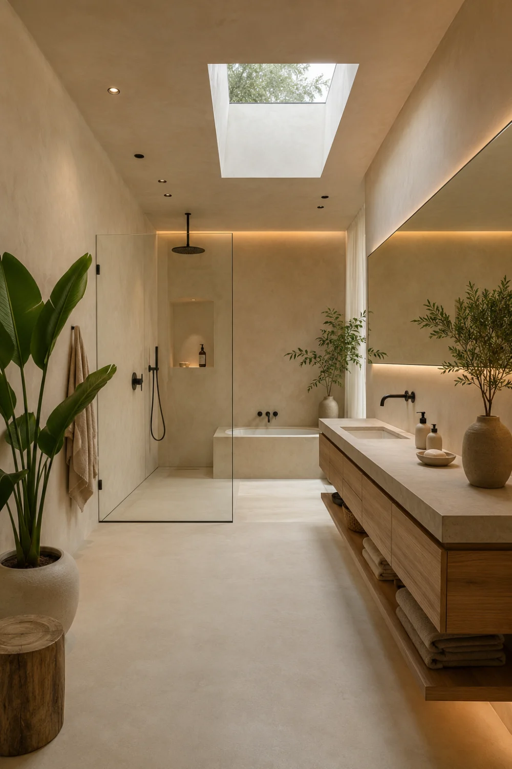Soft neutral earthy bathroom with floating oak vanity, round illuminated mirror, seamless glass shower, warm hidden lighting, woven textures, natural greenery, and cozy organic modern spa-inspired bathroom decor.