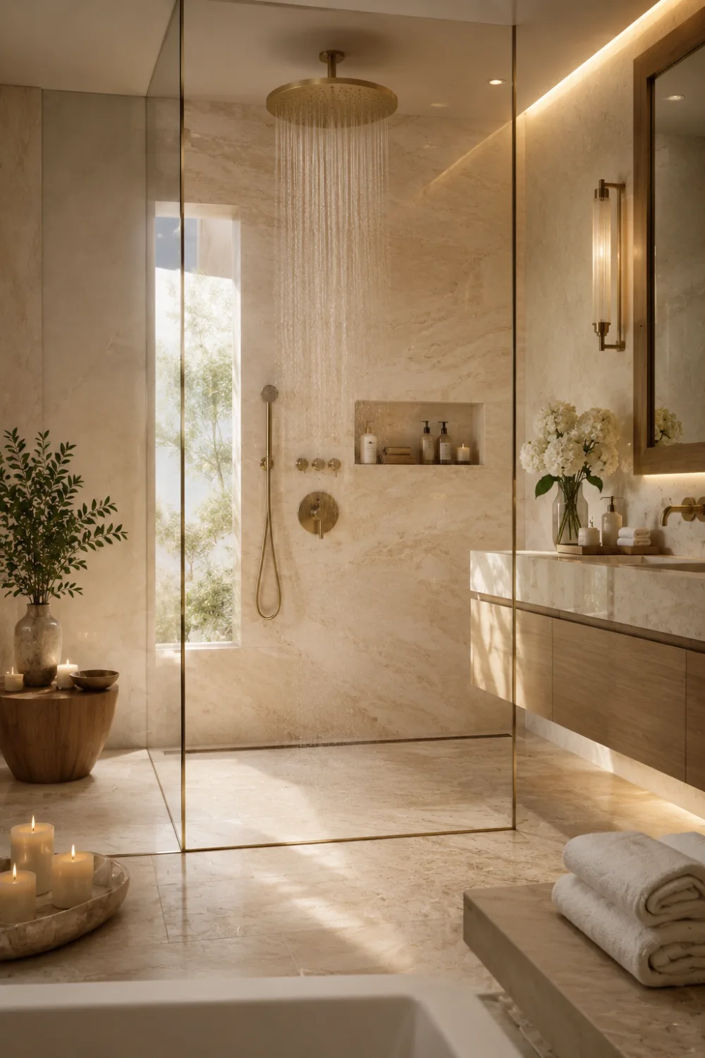 Warm neutral rain shower bathroom with beige marble walls, brushed gold fixtures, frameless glass, soft sunlight, candles, and elegant spa-inspired decor.