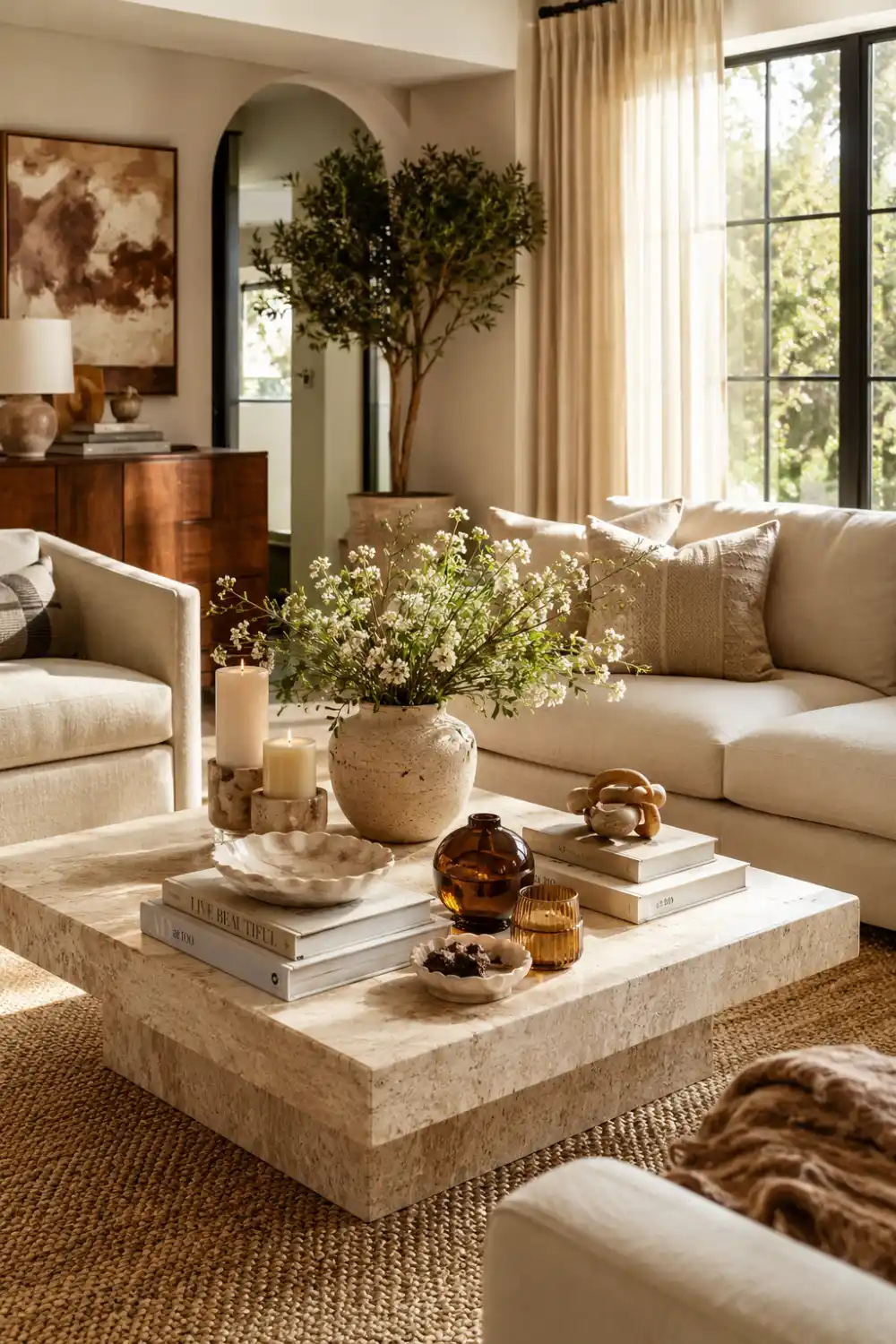 Warm earthy modern living room with a neutral stone coffee table styled using ceramic decor, amber glass accents, candles, stacked books, and fresh floral arrangements. Cozy textures, warm sunlight, and soft beige furniture create a relaxed luxury Pinterest home aesthetic.