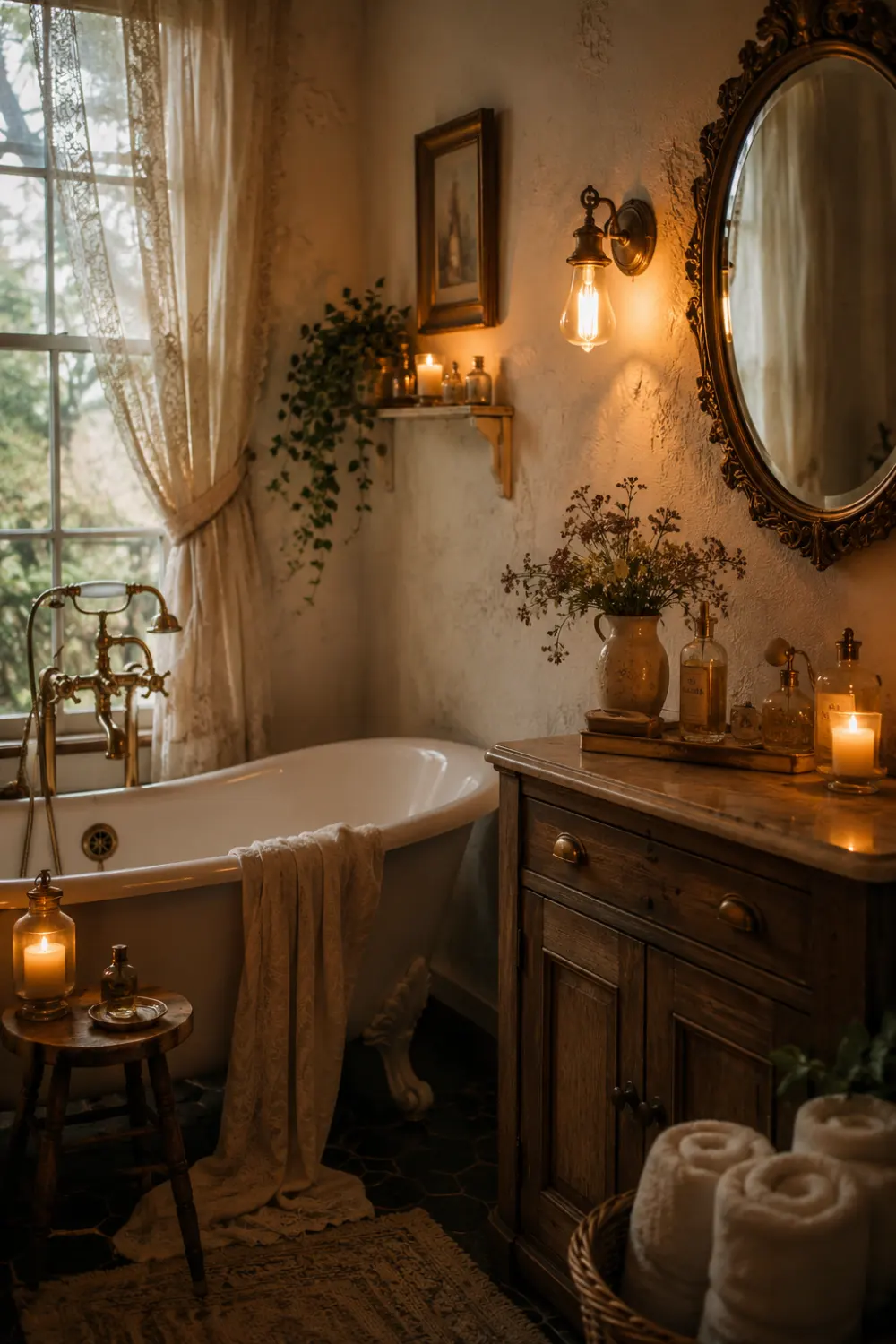 Cozy candlelit vintage bathroom with clawfoot bathtub, rustic wooden vanity, lace curtains, glowing Edison lighting, antique decor, and warm farmhouse atmosphere.