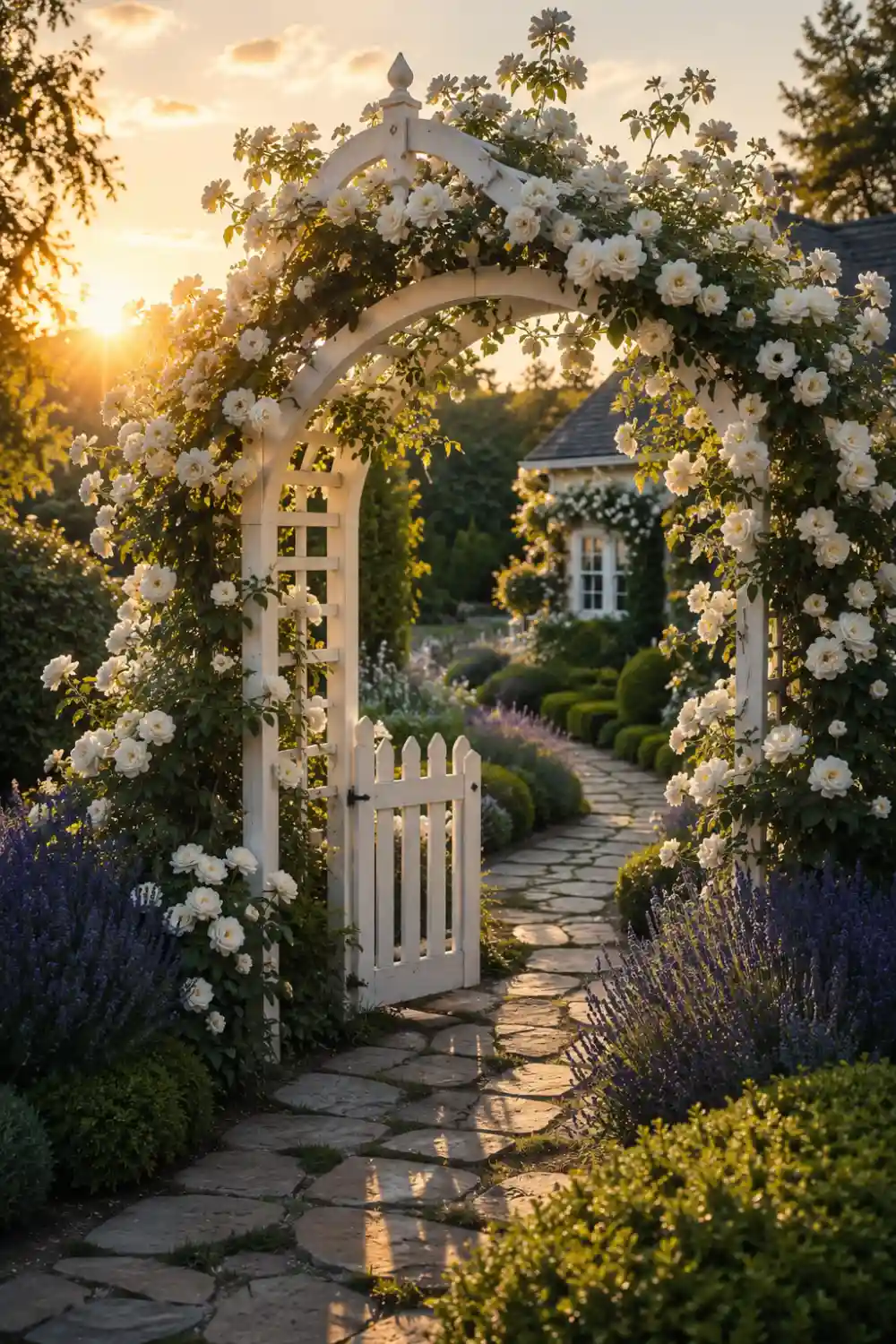 White garden arbor with a small gate covered in blooming white roses beside a stone pathway with lavender borders and elegant cottage garden landscaping at sunset.