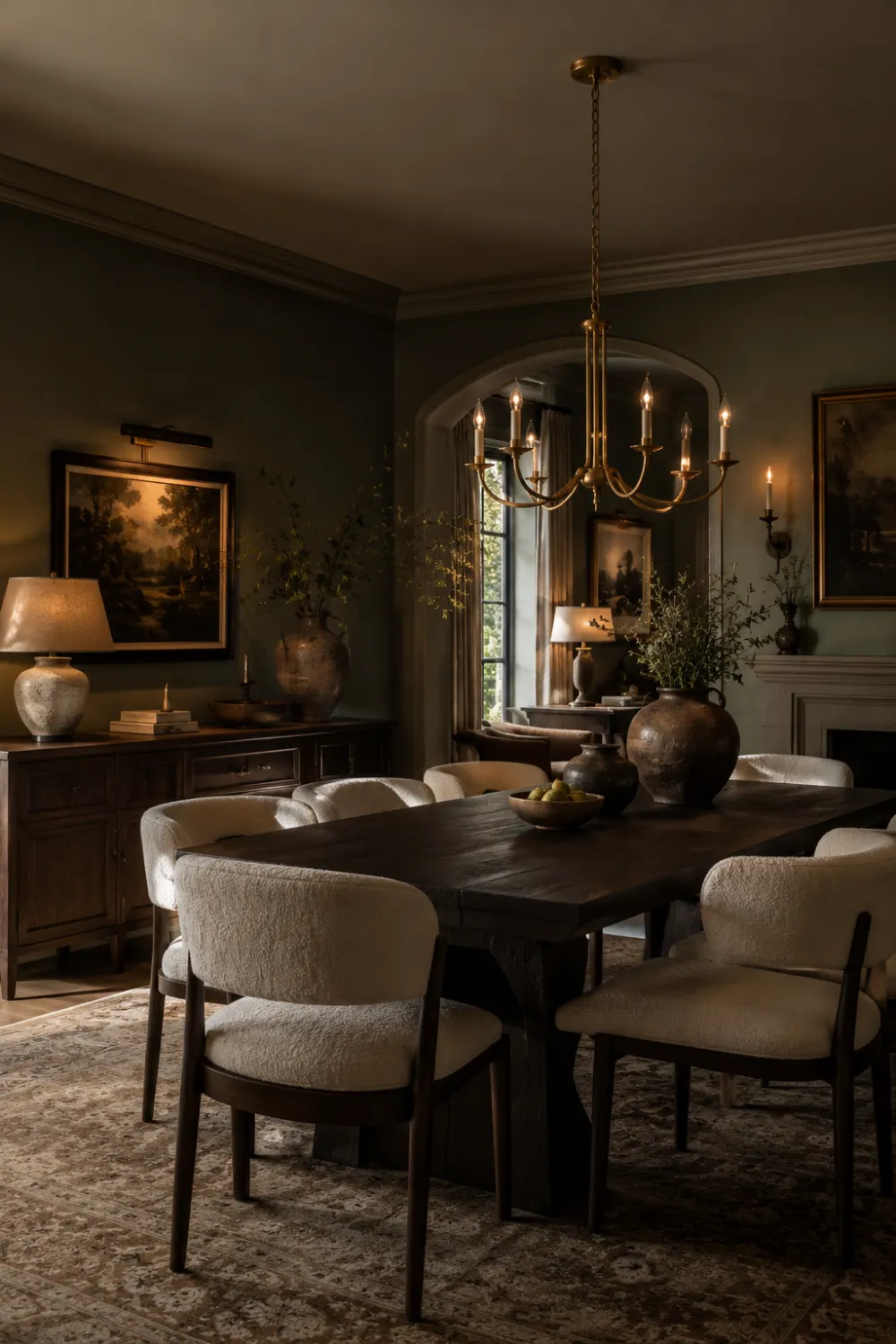 Olive earth green luxury dining room with dark wood furniture, cream boucle chairs, brass chandelier lighting, moody earthy walls, vintage-inspired decor, textured rug, and sophisticated quiet luxury interior styling.