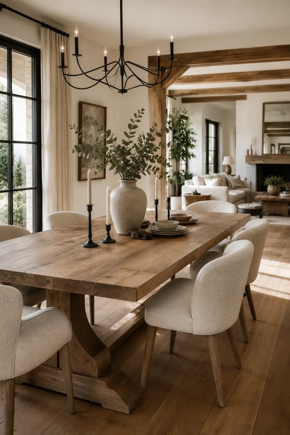 Bright modern farmhouse dining room with solid wood dining table, cream upholstered chairs, black iron chandelier, exposed wooden beams, warm oak flooring, ceramic decor, soft neutral palette, large windows, greenery centerpiece, and cozy rustic farmhouse styling.