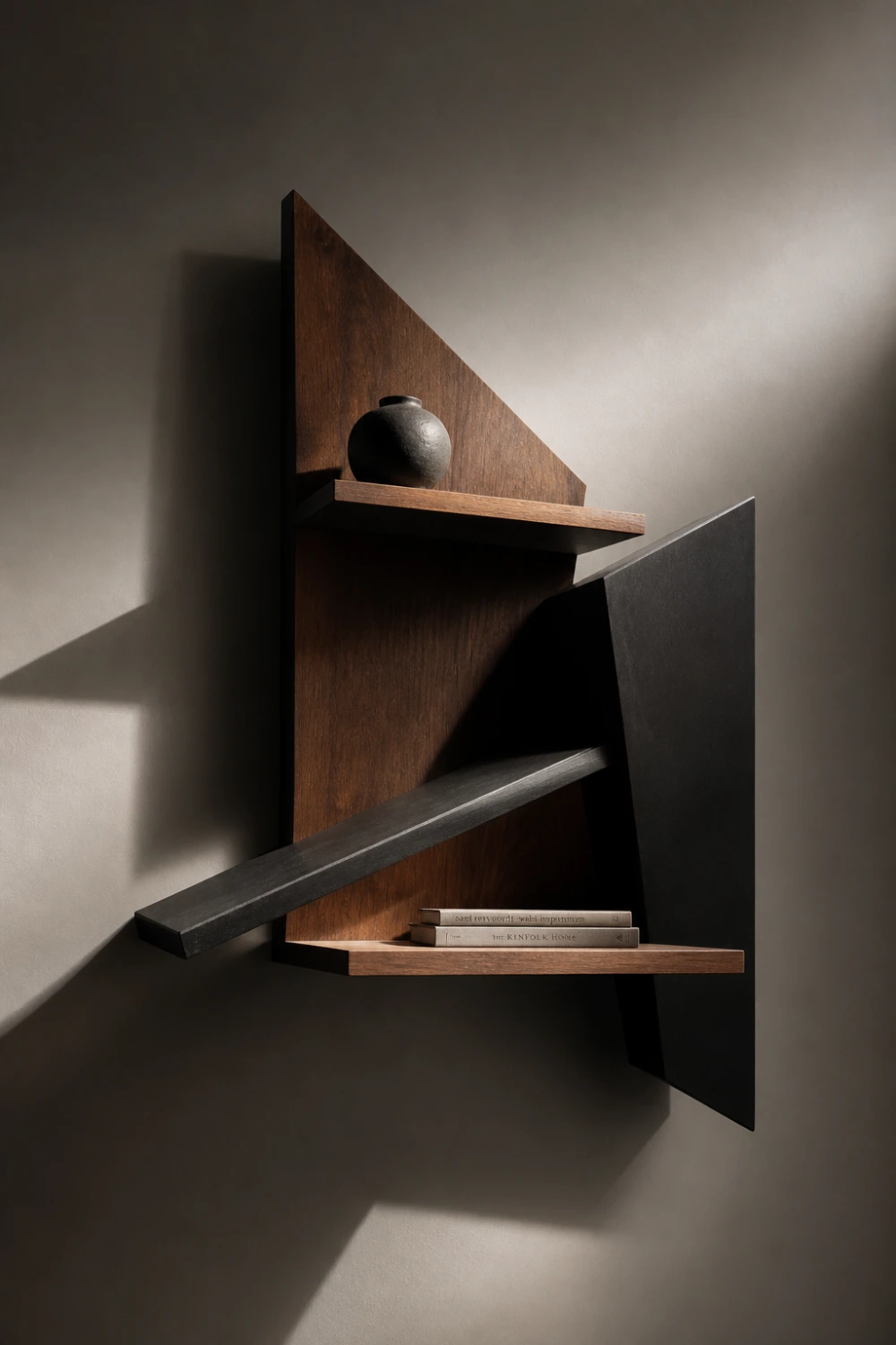 abstract angled floating shelf modern geometric wall shelf design wood and black panels artistic wall decor unique DIY shelf ideas