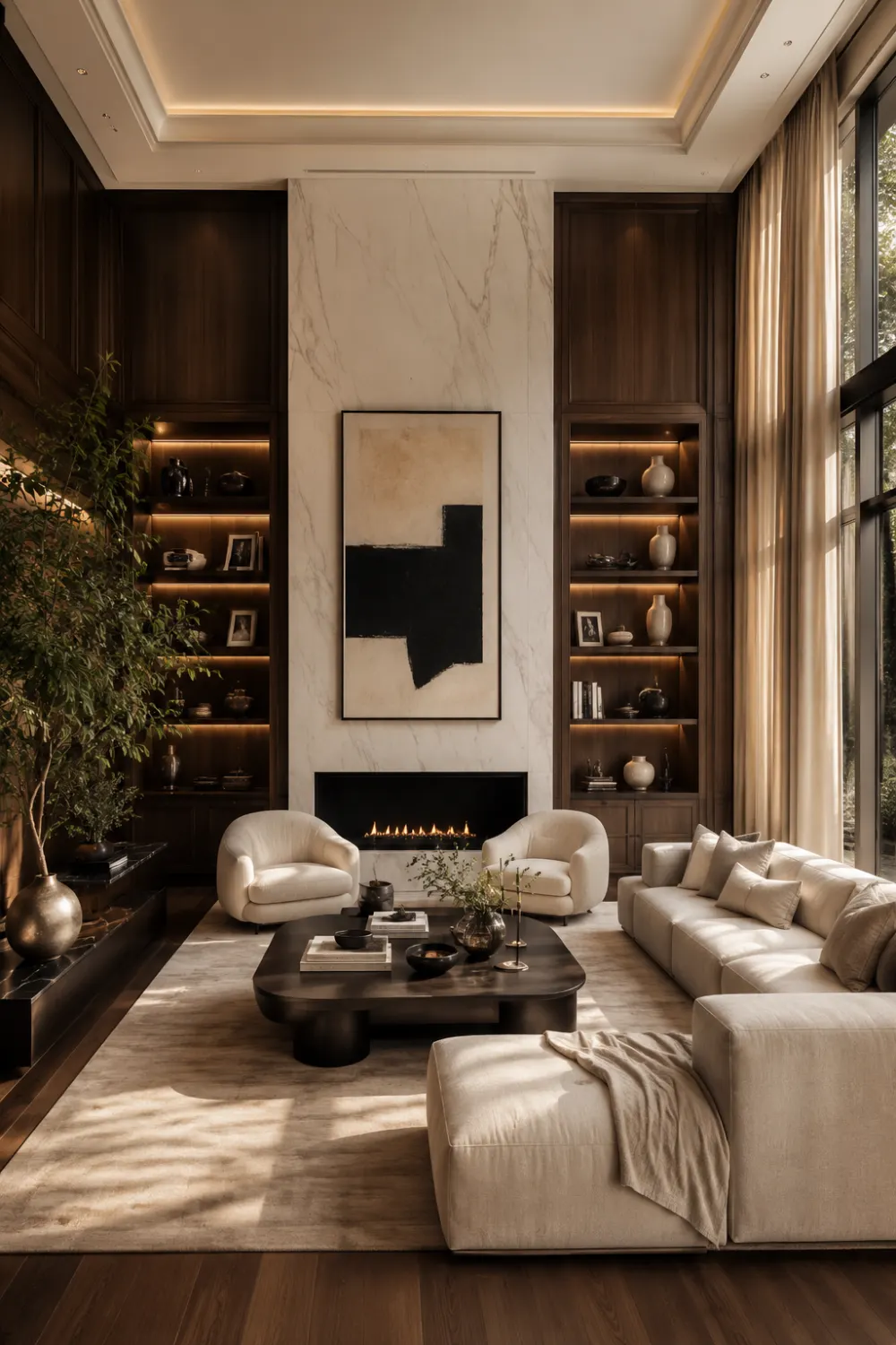Modern quiet luxury old money living room with walnut wall panels, oversized cream sectional sofa, marble fireplace, warm built-in shelving, soft neutral decor, sculptural furniture, and upscale minimalist interior design inspiration.