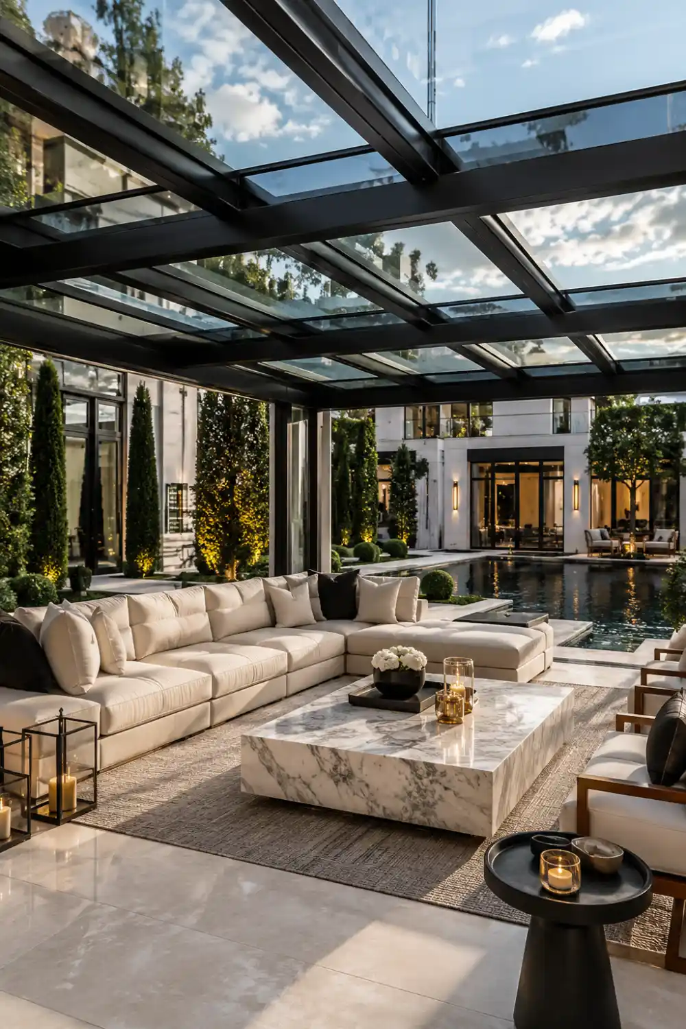 Luxury glass roof gazebo with black steel framing, oversized cream sectional seating, marble coffee table, poolside modern mansion setting, and elegant contemporary outdoor living design.