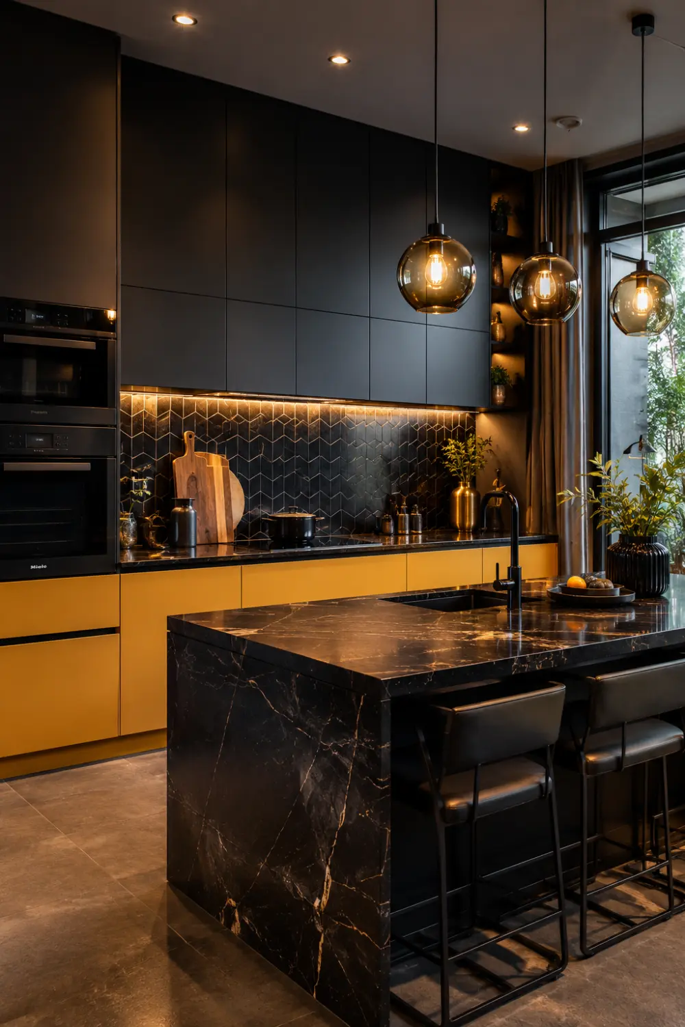 Matte black and mustard yellow kitchen cabinets with black marble island, geometric backsplash, and modern luxury kitchen lighting