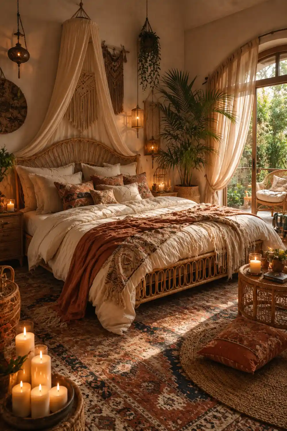Warm bohemian romantic bedroom with woven rattan bed frame, layered textured bedding, hanging lanterns, candlelight decor, earthy tones, indoor plants, patterned rugs, and cozy boho luxury styling.