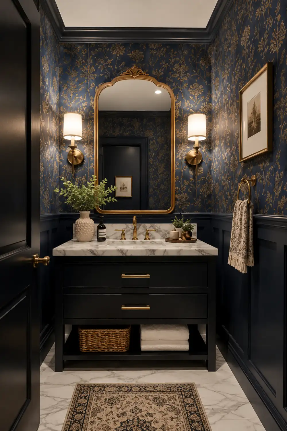 Luxury navy wallpaper bathroom with gold floral pattern walls, brass lighting, marble vanity, gold mirror, dark moody decor, and elegant boutique hotel powder room inspiration.