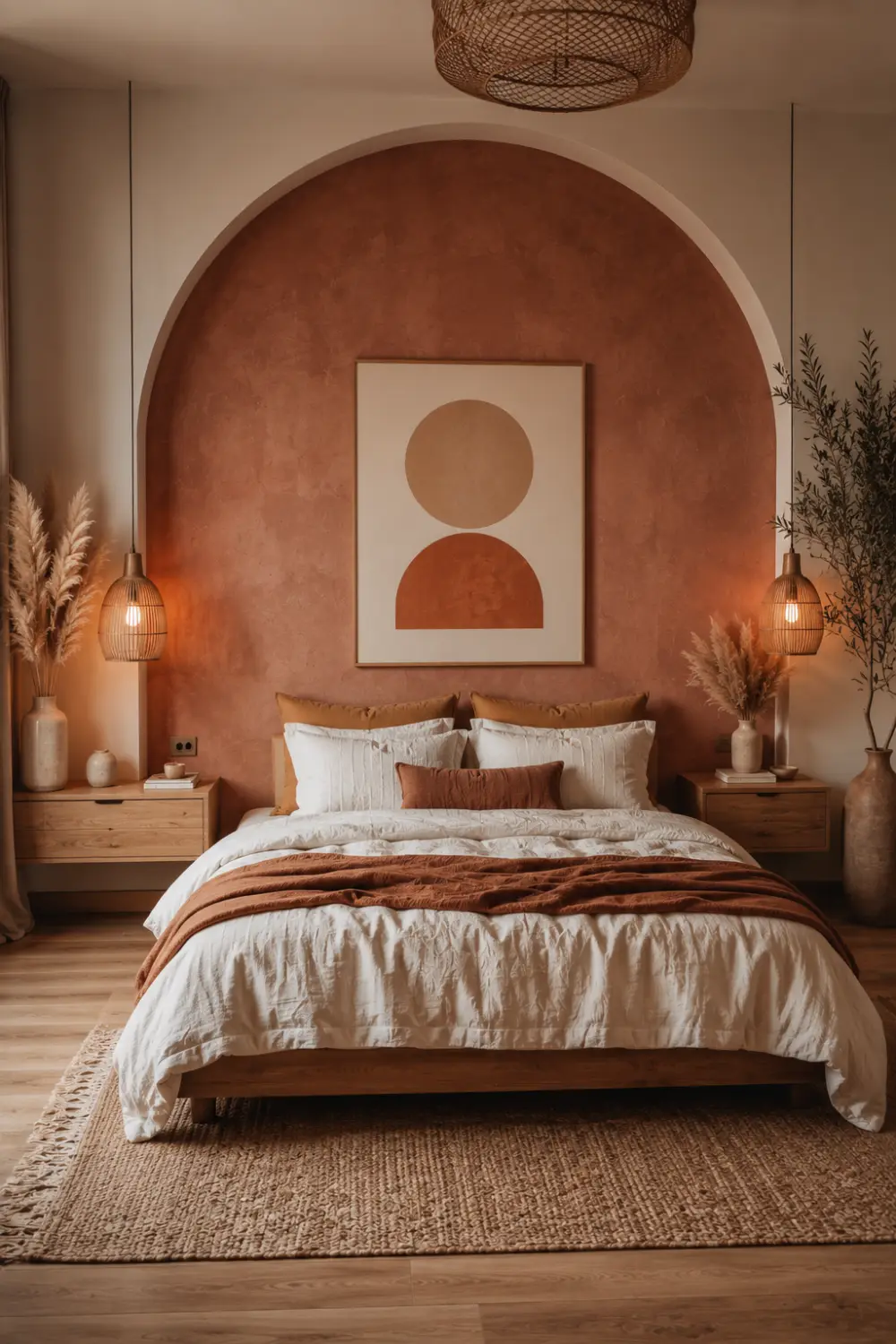 Boho modern bedroom with terracotta arched feature wall, warm earthy tones, woven pendant lights, neutral bedding, minimalist decor, natural textures, cozy ambient lighting, and Mediterranean-inspired bedroom design.
