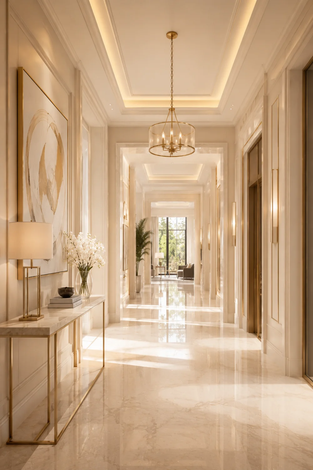 Luxury neutral entry hallway with gold accents, marble flooring, elegant pendant chandelier, slim marble console table, wall molding, soft cream tones, and upscale modern home entrance decor.