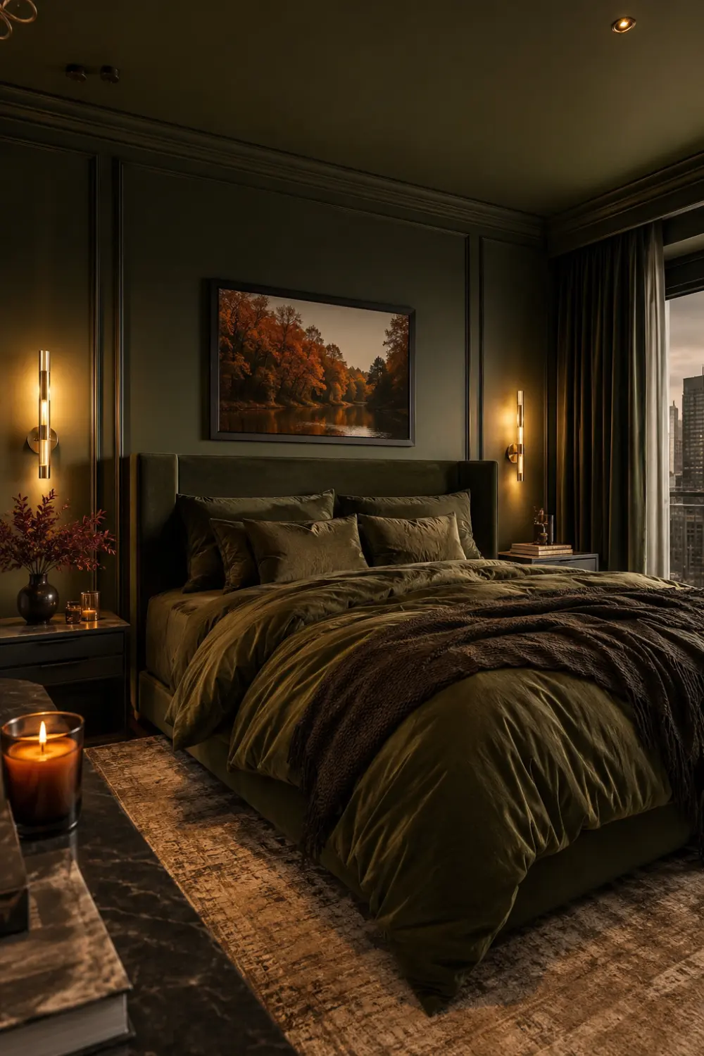 Dark moody bedroom with charcoal walls, layered cozy bedding, warm wall sconces, plush textures, candles, luxury autumn decor, and elegant hotel-inspired modern bedroom styling.