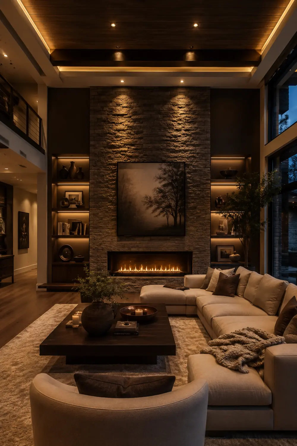 Double height cozy living room with stone fireplace wall, warm beige sectional sofa, wood ceiling beams, layered rugs, glowing shelves, soft ambient lighting, and luxury modern rustic interior design.