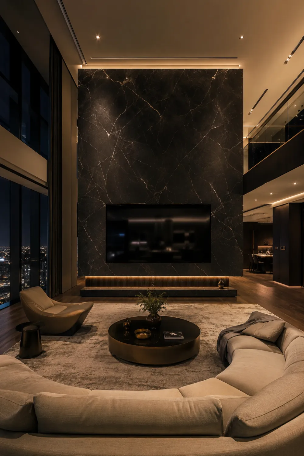 Dramatic black marble TV wall with moody lighting, oversized luxury media wall, curved sectional sofa, dark modern penthouse living room, and elegant contemporary decor styling.