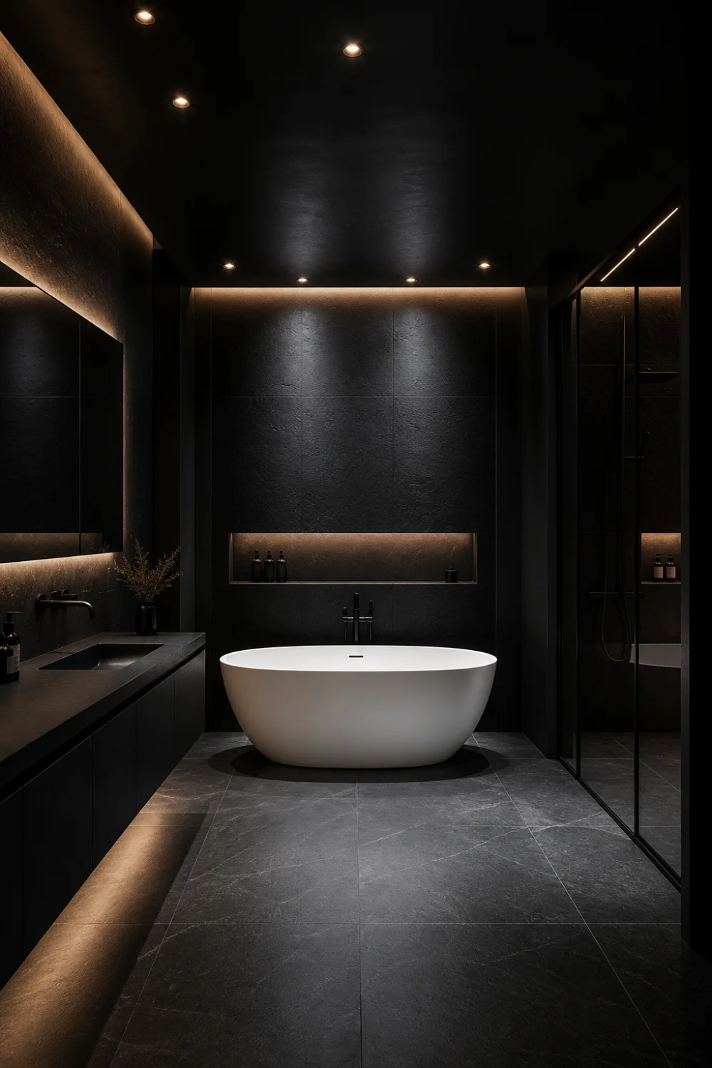 dark moody black bathroom with matte black walls, freestanding white bathtub, ambient lighting, glass shower, luxury modern interior, dramatic black and white bathroom design
