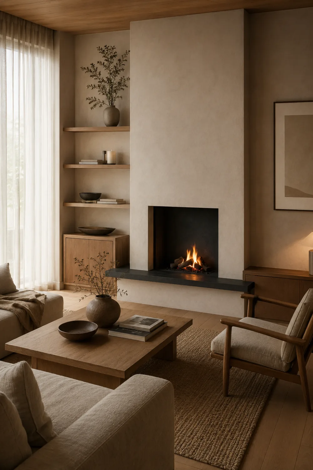 Modern 3D wood slat fireplace wall with warm LED lighting, oak textures, neutral furniture, and cozy luxury living room interior design