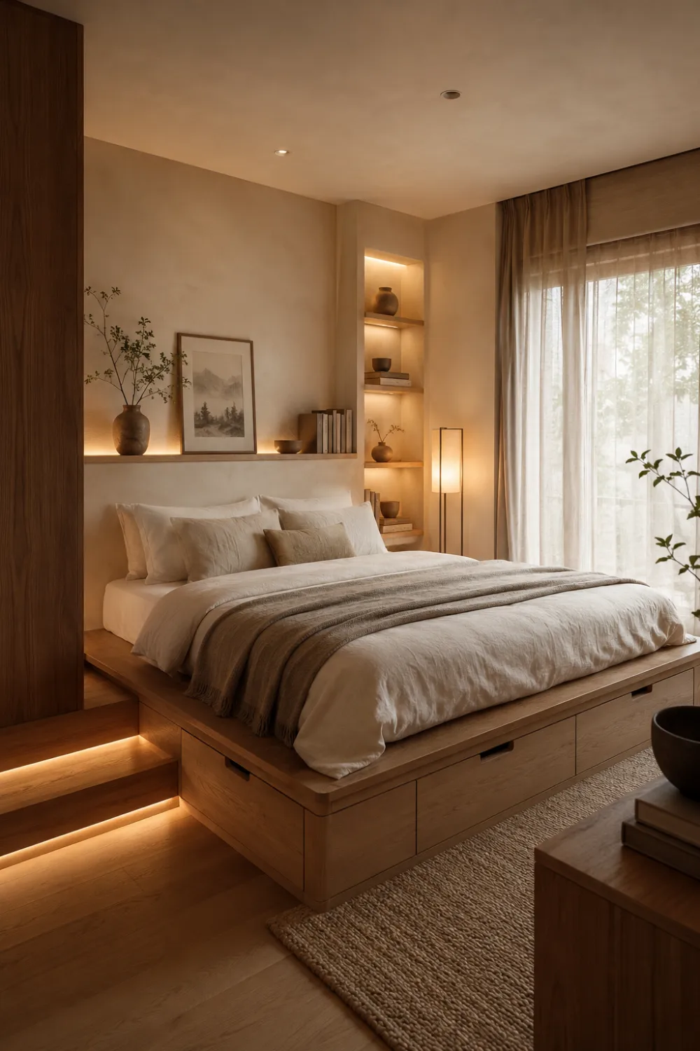 Raised platform Japandi bedroom with hidden LED staircase lighting, built-in storage drawers, recessed wall shelves, layered neutral bedding, warm wood textures, and cozy minimalist styling.