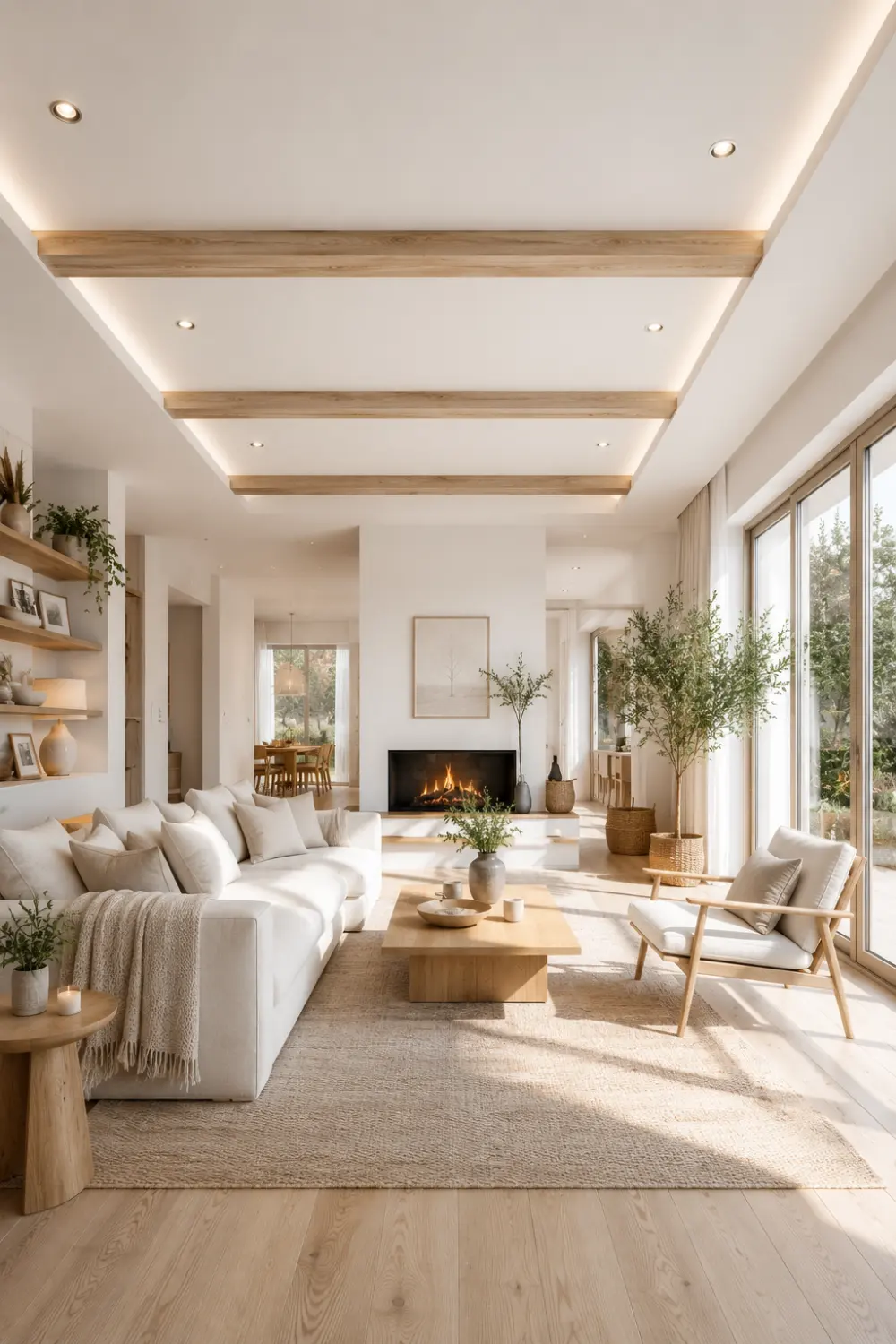 Bright Scandinavian white ceiling with natural wood beams, soft recessed lighting, cozy neutral decor, and airy modern living room interior design.