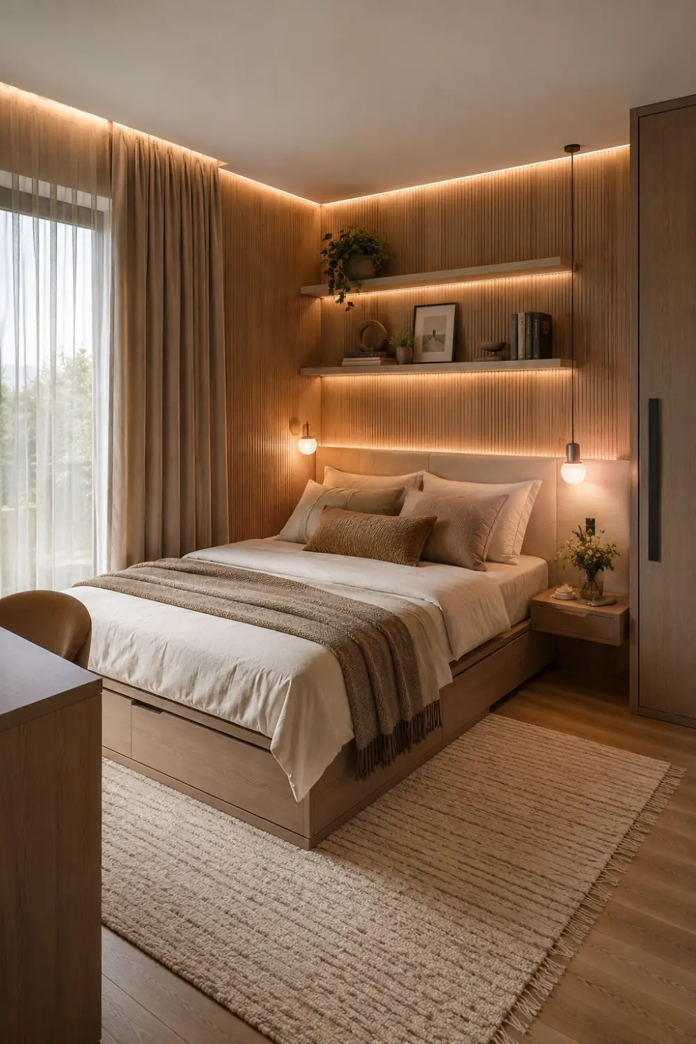 Cozy built-in bed niche tiny bedroom with floating shelves, warm LED lighting, wood panel walls, soft neutral bedding, and minimalist luxury small space decor inspiration.