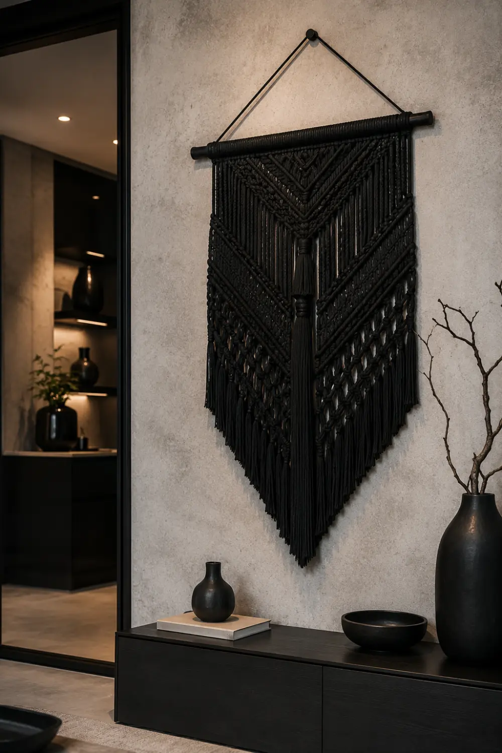 Black modern geometric macrame wall art with layered woven textures and bold symmetrical knot patterns hanging in a luxury minimalist apartment with matte black decor and concrete walls.
