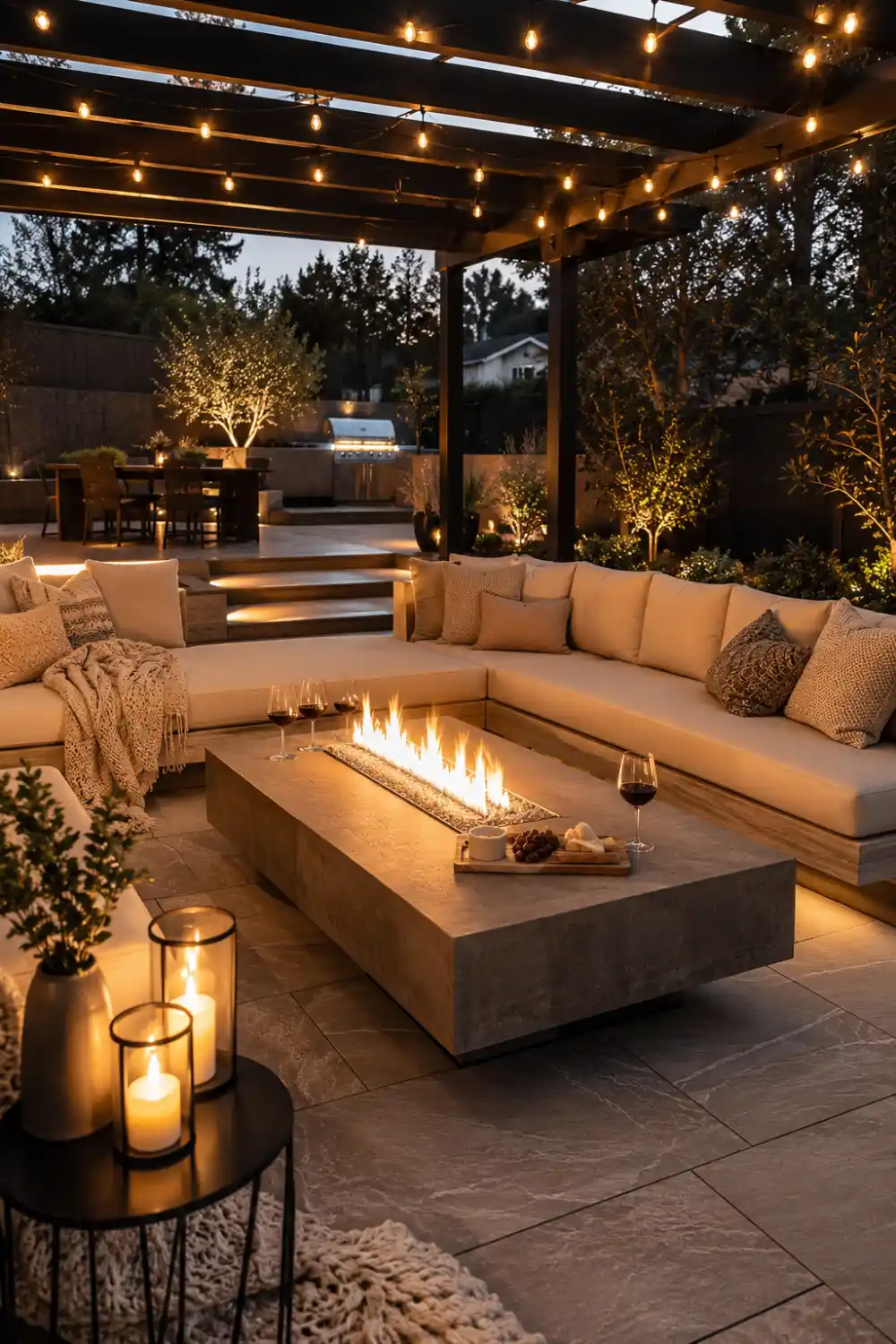 Modern pergola fire pit entertainment area with large sectional seating, sleek linear fire table, string lights, decorative lanterns, and cozy luxury backyard patio design at night.