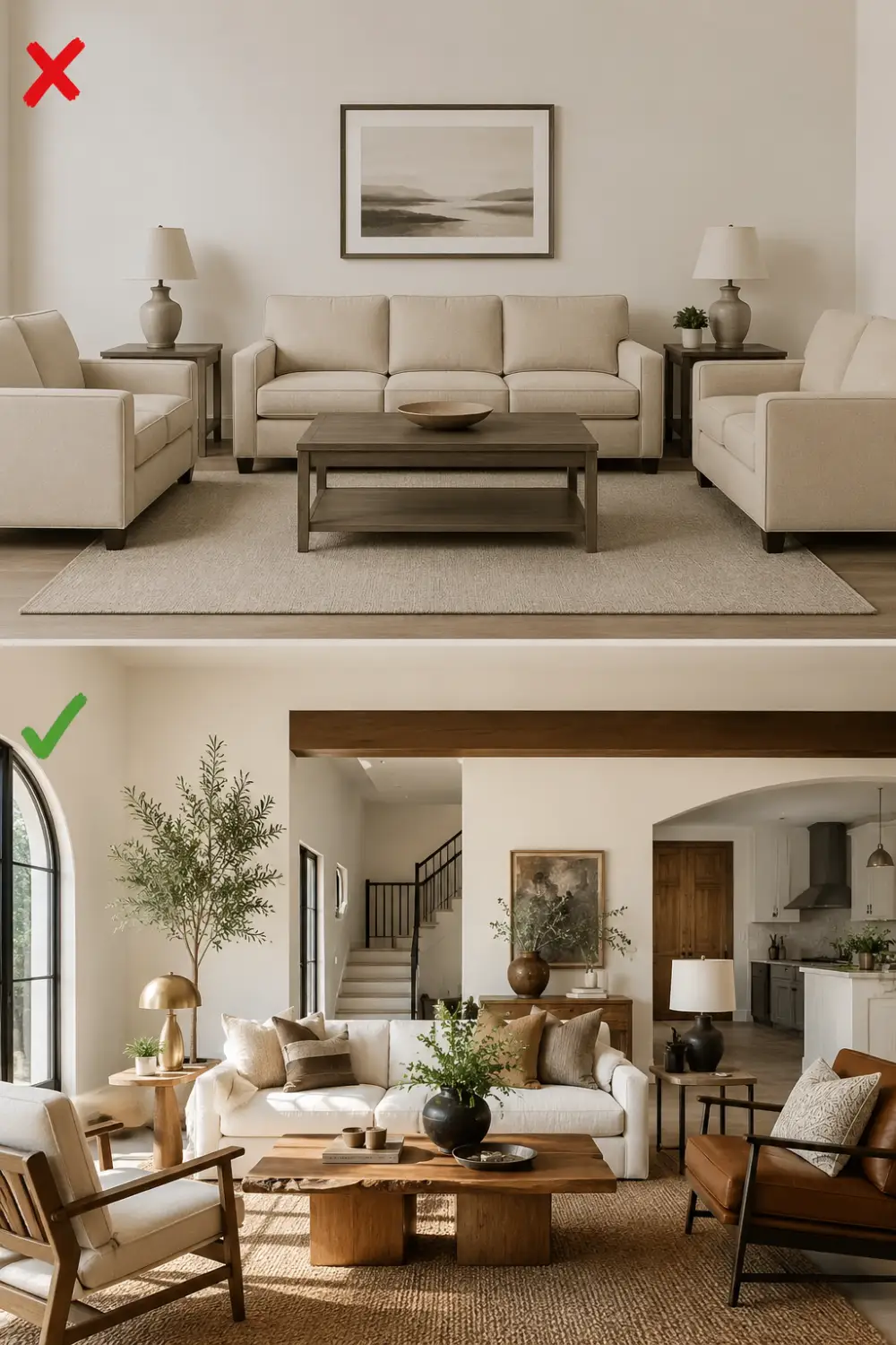 Matching furniture set versus curated mixed texture living room with luxury neutral decor styling