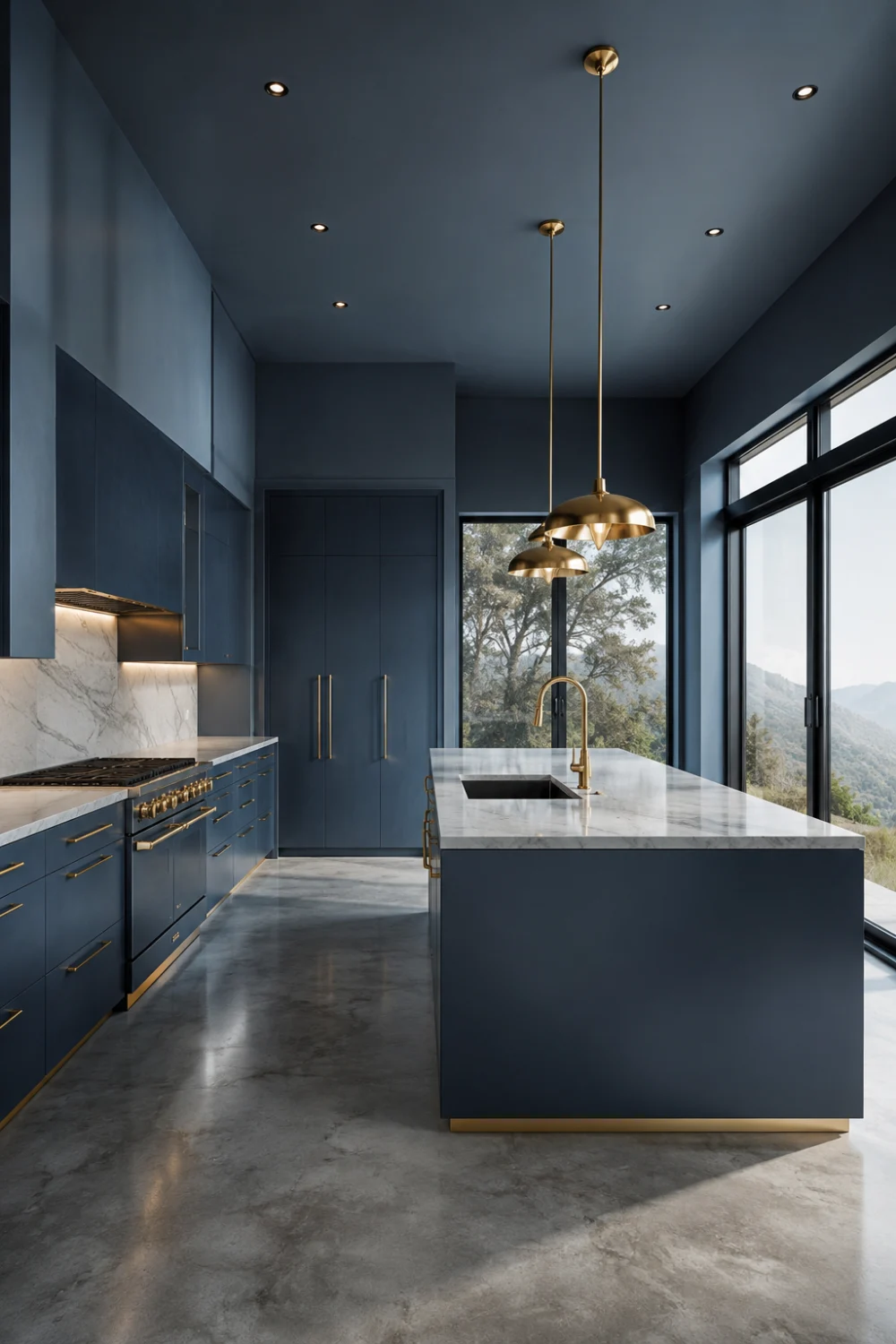 Modern rich steel blue kitchen with gold hardware, marble countertops, large windows, and luxury contemporary kitchen design inspiration.