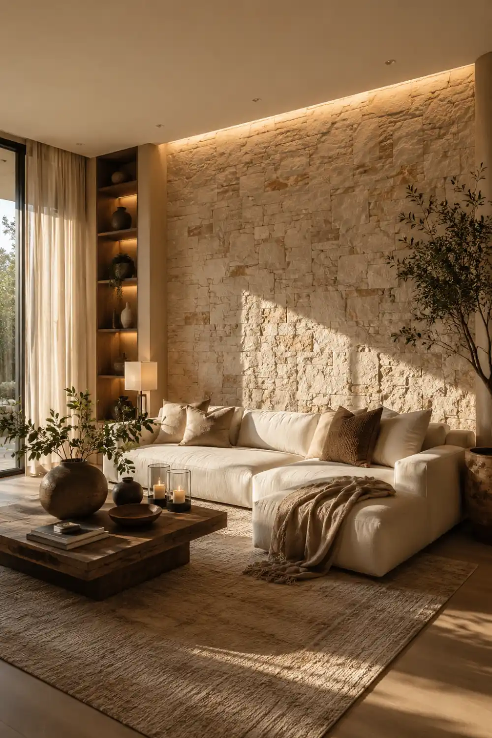Luxury modern living room with beige stone veneer accent wall, cream sectional sofa, wooden coffee table, layered neutral decor, warm ambient lighting, textured rug, and cozy organic interior design aesthetics.