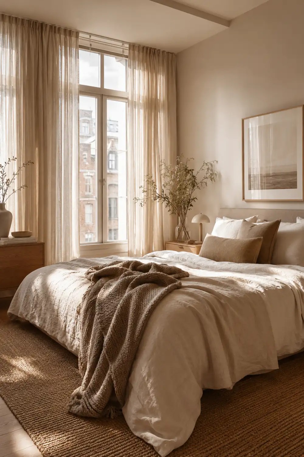 Luxury cozy apartment bedroom with layered neutral bedding, oversized pillows, textured knit blanket, sheer curtains, warm sunlight, wooden furniture, and elegant minimalist decor creating a relaxing Pinterest-inspired hotel-style bedroom aesthetic for modern apartment living.