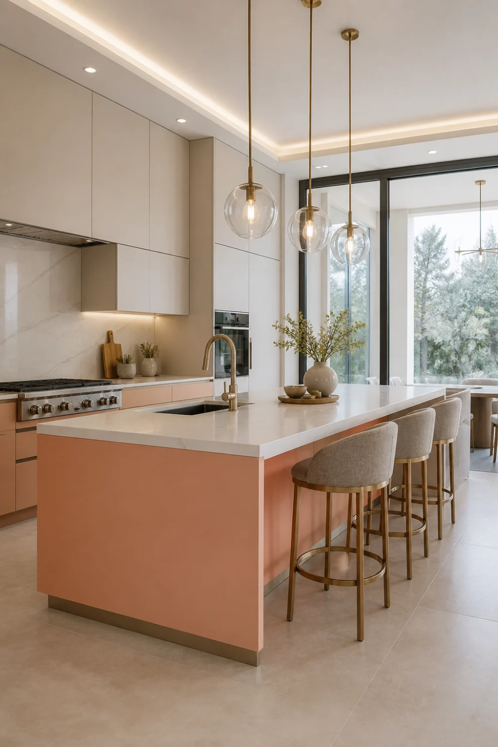 peach kitchen island with neutral cabinets, bar stools, pendant lighting, marble countertop, bright modern kitchen interior with warm tones