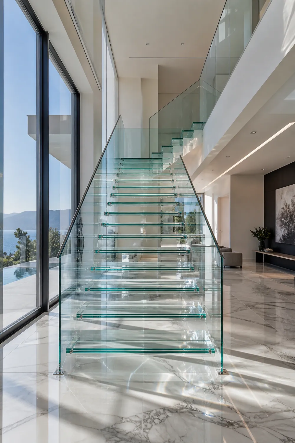 transparent glass floating staircase with frameless railing, marble floor reflections, bright modern luxury home interior
