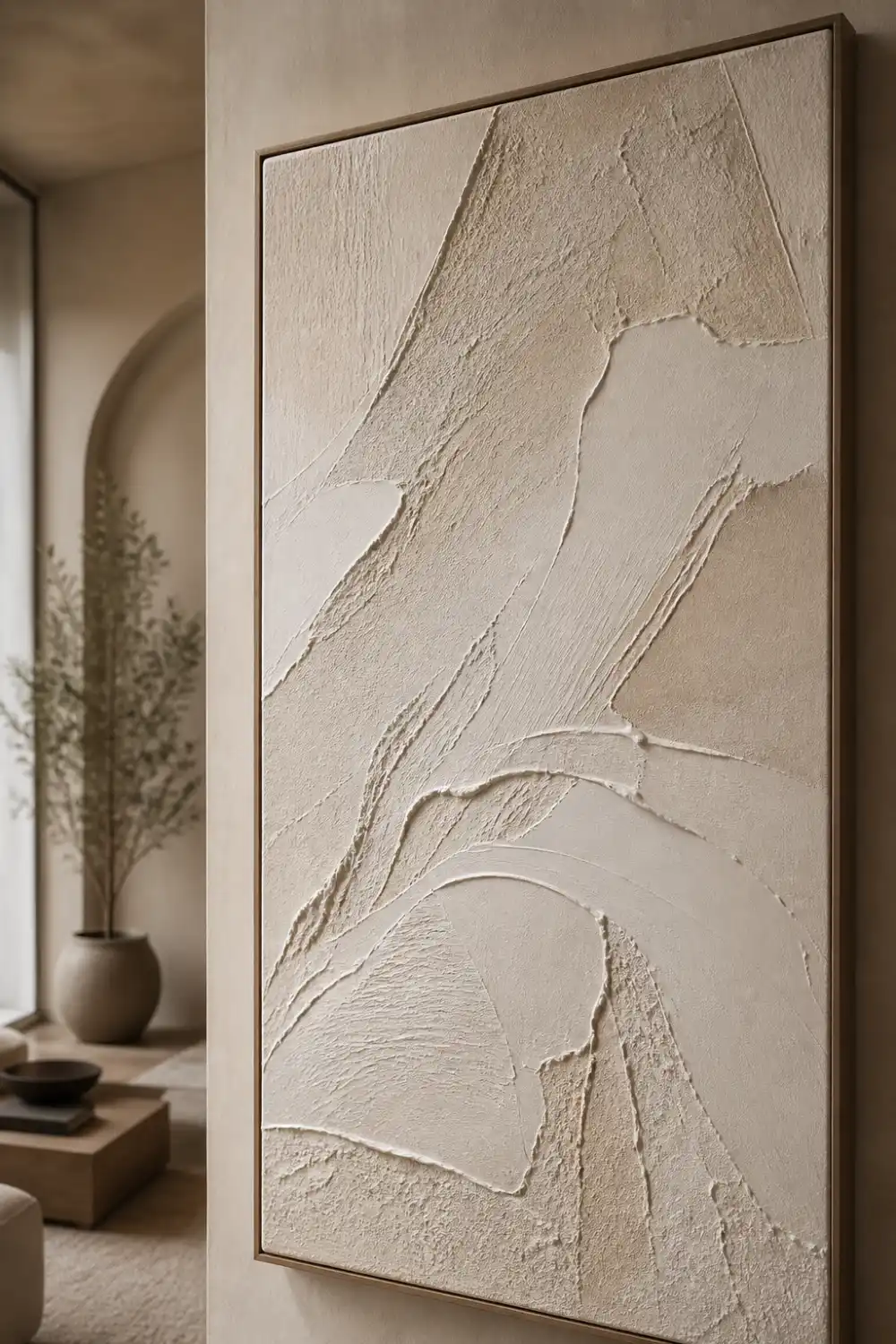 textured DIY plaster wall art abstract canvas neutral tones modern aesthetic wall decor luxury interior styling soft shadows