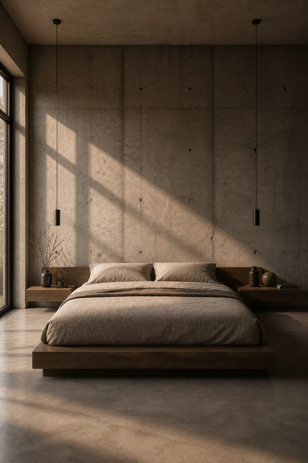 concrete texture wall headboard industrial bedroom raw cement wall modern bed setup natural light shadows minimal luxury bedroom design