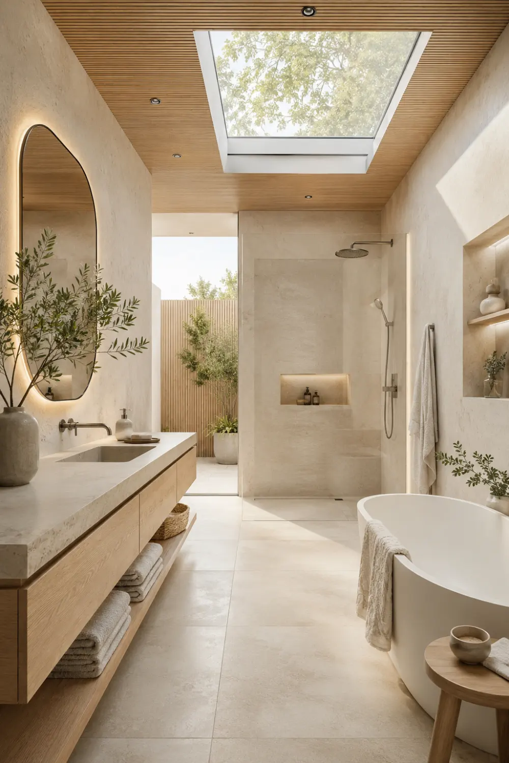 Bright Scandinavian Japandi bathroom with skylight ceiling, floating wood vanity, freestanding white bathtub, beige stone finishes, warm wood ceiling panels, frameless shower, and airy minimalist spa-inspired decor.