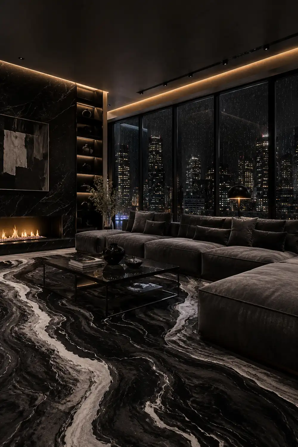 Dark luxury living room with black marble inspired rug, moody lighting, velvet sectional sofa, modern fireplace, city skyline windows, and dramatic contemporary interior design styling.